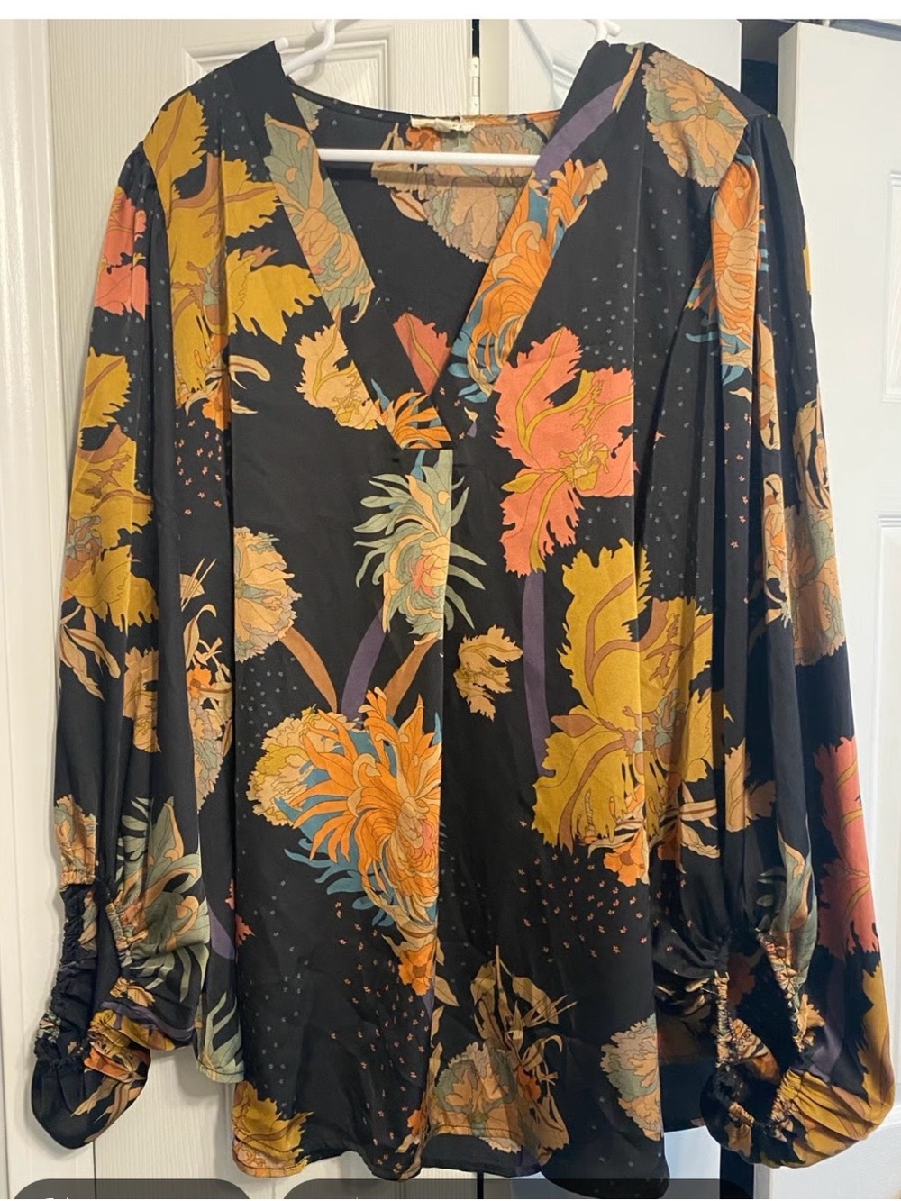 JODIFL Black Floral V-Neck Blouse with Mustard, Coral & Sage